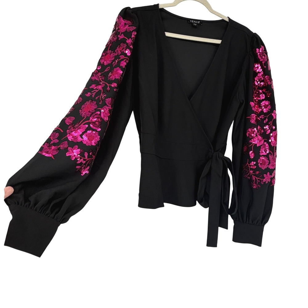 Venus Women Black Pink Sequin Floral Balloon Sleeve Wrap Top Size L 647184